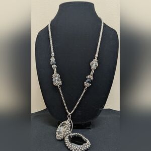Elegant Silver Necklace With Cut Glass Black And Smoky Crystal Pendants